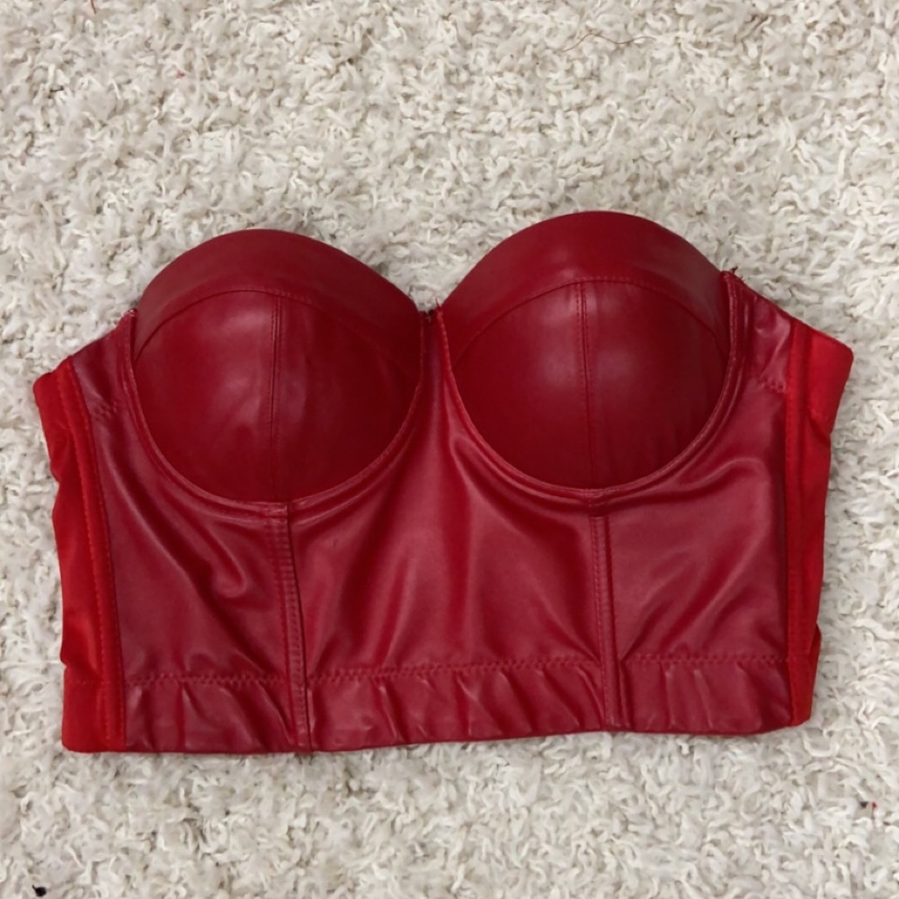 Red faux leather strapless bustier